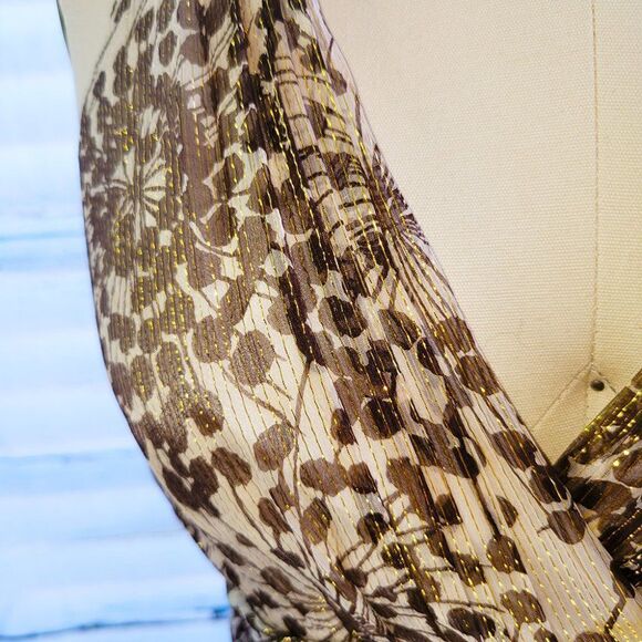 BCBG Maxazria golden tan silk leaf halter dress - Picture 3 of 4